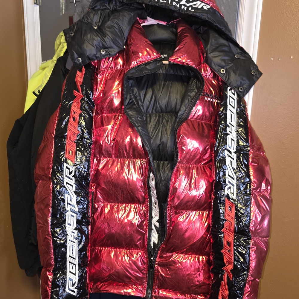 Rockstar Original Men's Shiny Red and Black Puffer Jacket - Picture 3 of 7